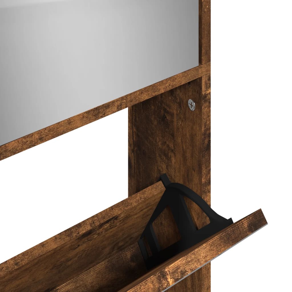 Armoire à chaussures miroir à 4 niveaux chêne fumé 63x17x134 cm - XIOS