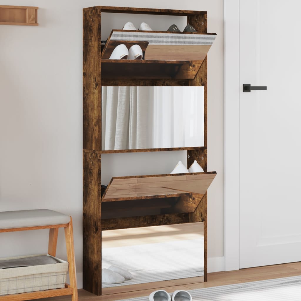 Armoire à chaussures miroir à 4 niveaux chêne fumé 63x17x134 cm - XIOS