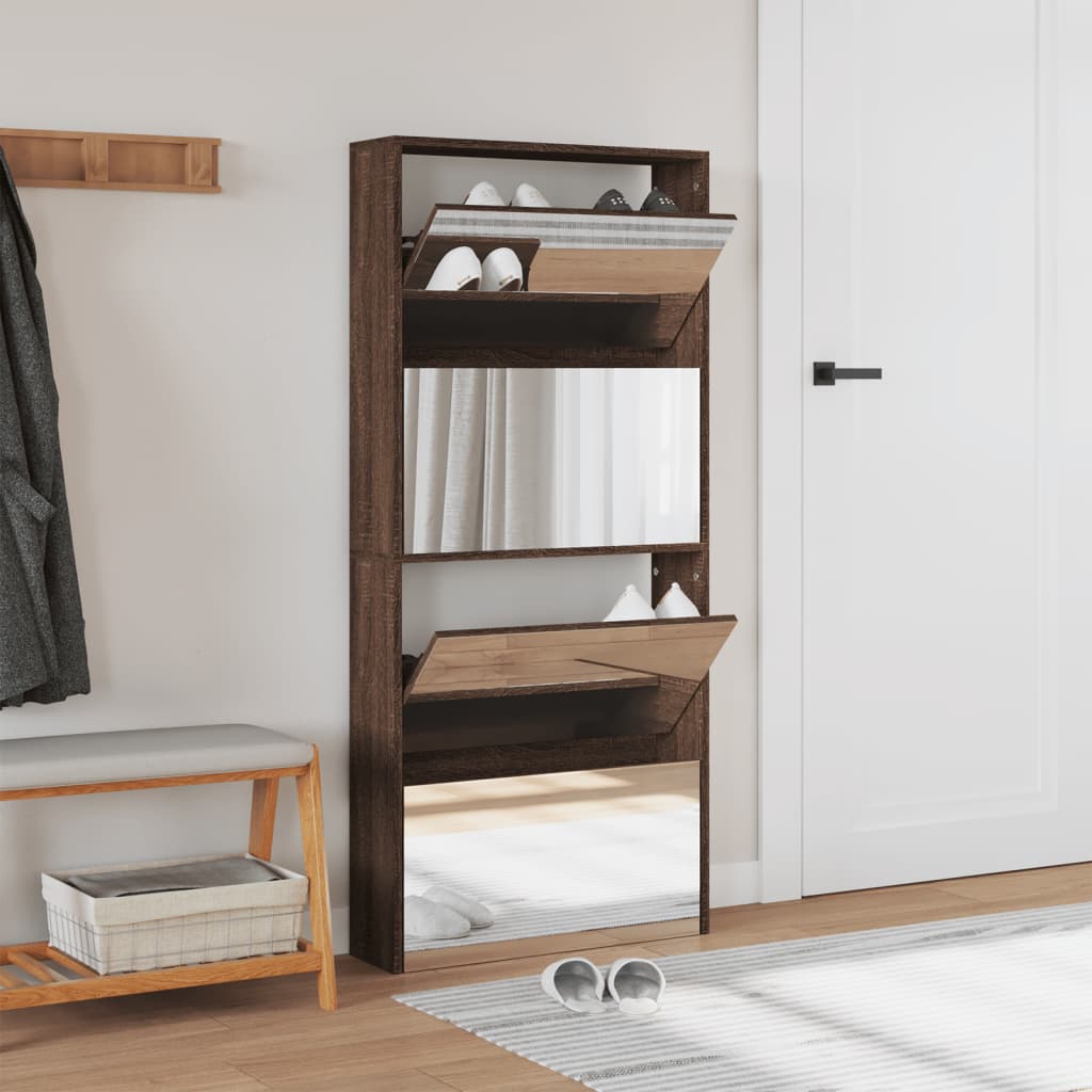 Armoire à chaussures miroir 4 niveaux chêne marron 63x17x134 cm - XIOS