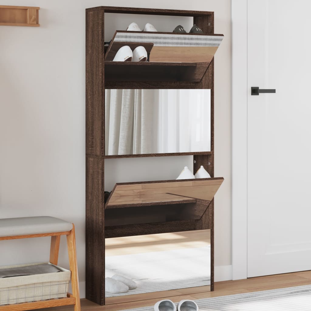 Armoire à chaussures miroir 4 niveaux chêne marron 63x17x134 cm - XIOS