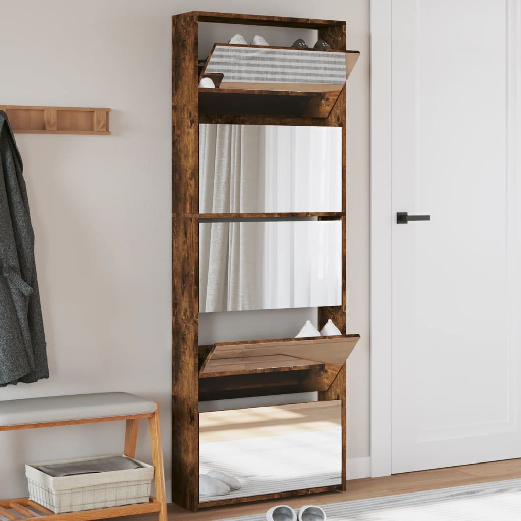 Armoire à chaussures miroir 5 niveaux chêne fumé 63x17x169,5 cm - XIOS