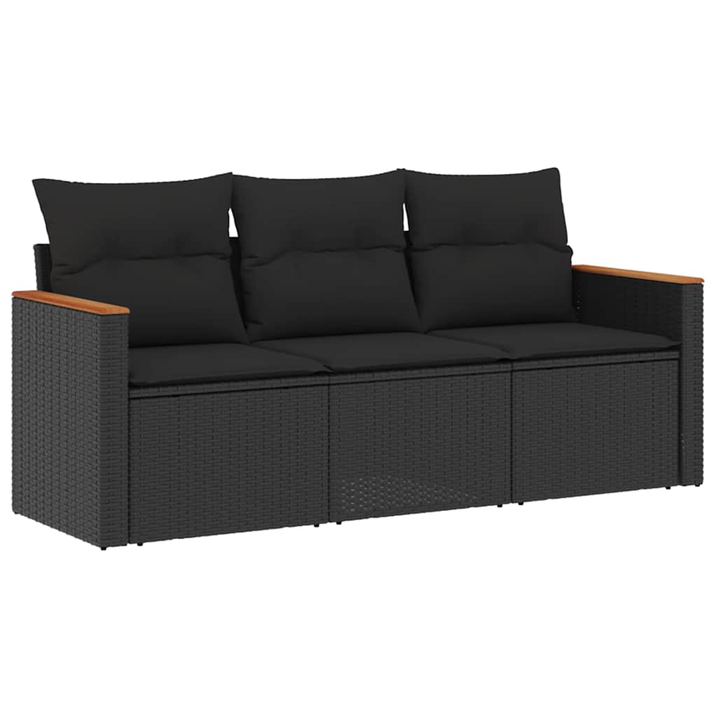 Salon de jardin 3 pcs avec coussins noir résine tressée