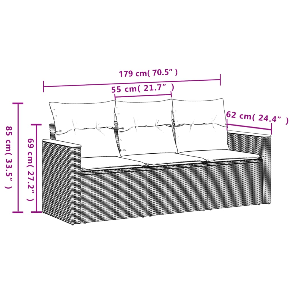 Salon de jardin avec coussins 3 pcs gris résine tressée