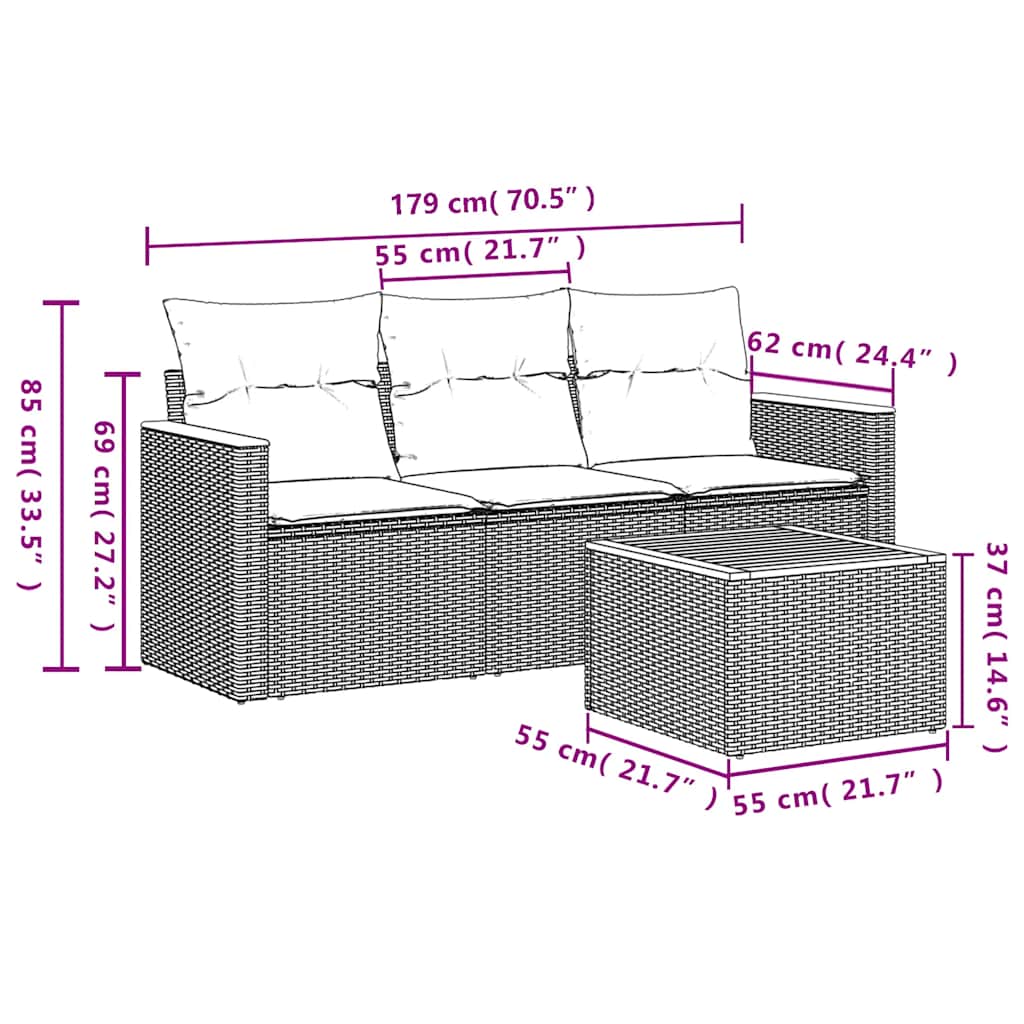 Salon de jardin 4 pcs avec coussins noir résine tressée