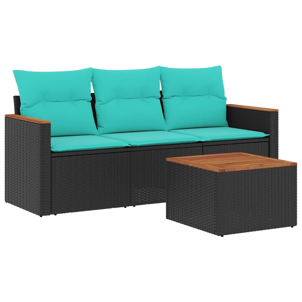Ensemble de canapé de jardin 4 pcs avec coussins noir résine tressée