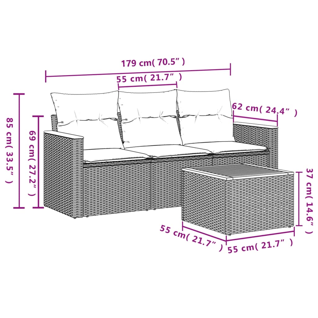 Salon de jardin 4 pcs avec coussins gris résine tressée