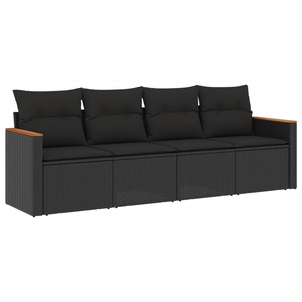 Salon de jardin 4 pcs avec coussins noir résine tressée