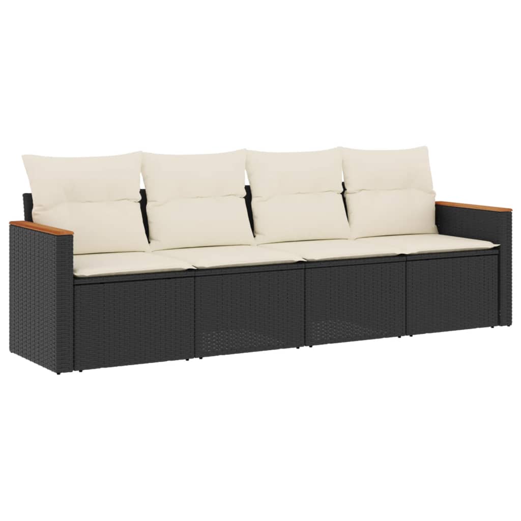 Salon de jardin 4 pcs avec coussins noir résine tressée