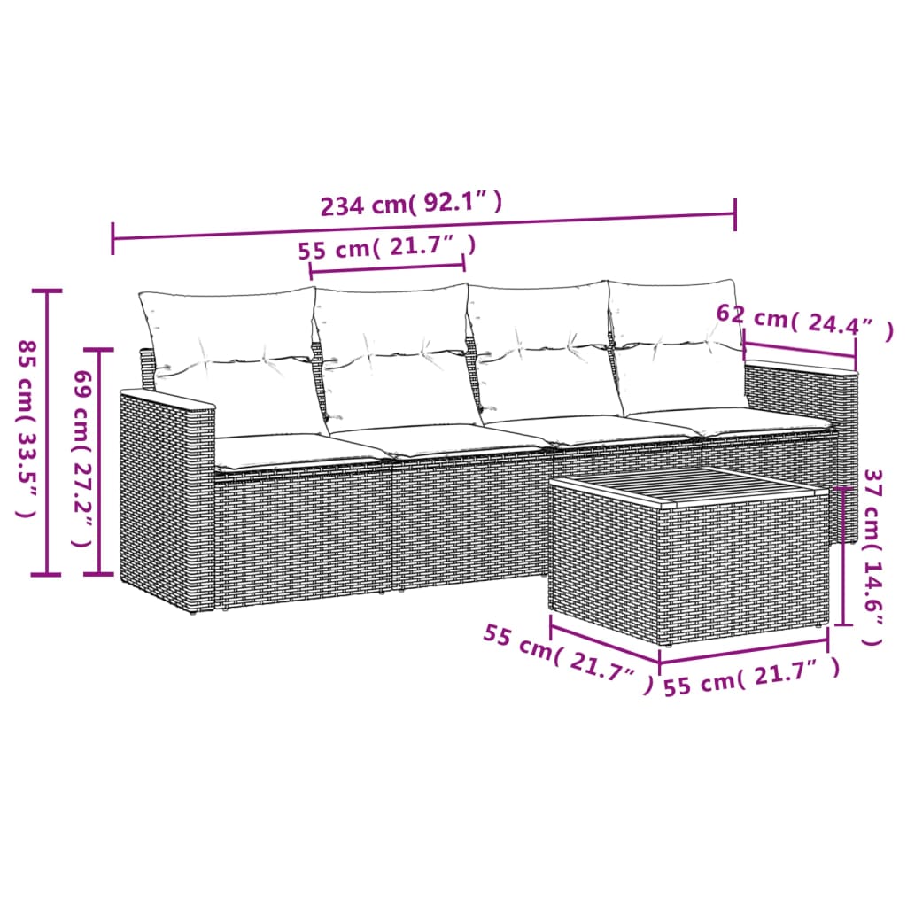 Ensemble de canapé de jardin 5 pcs avec coussins noir résine tressée