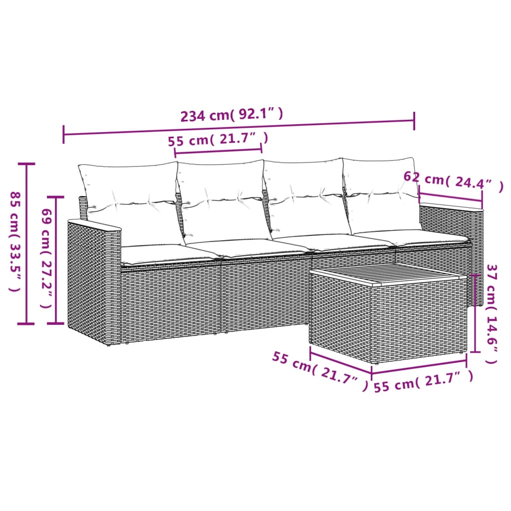Salon de jardin 5 pcs avec coussins gris résine tressée