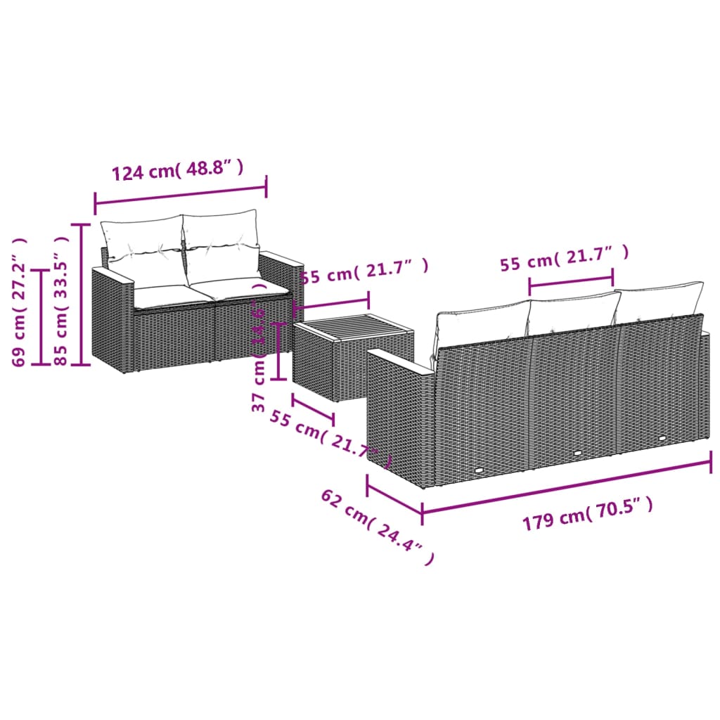 Ensemble de canapé de jardin 6 pcs avec coussins gris résine tressée