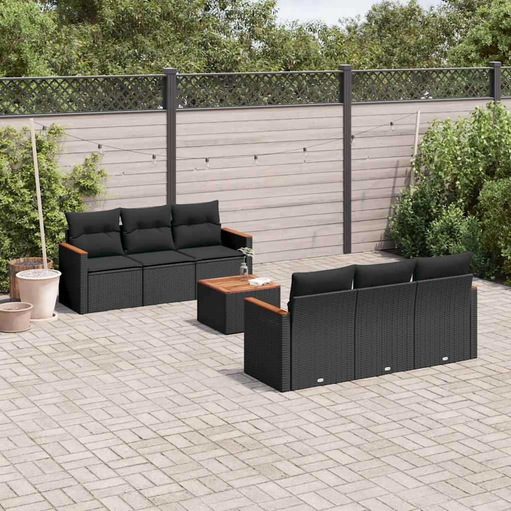 Salon de jardin 7 pcs avec coussins noir résine tressée