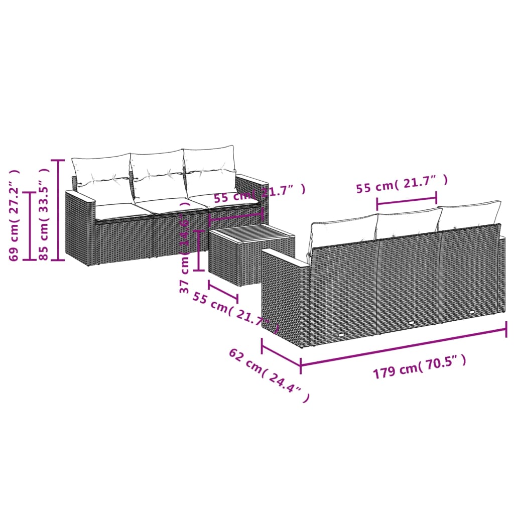 Salon de jardin avec coussins 7 pcs gris résine tressée