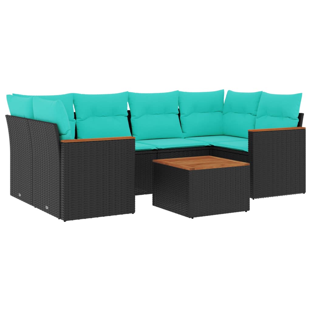 Ensemble de canapé de jardin 7 pcs avec coussins noir résine tressée