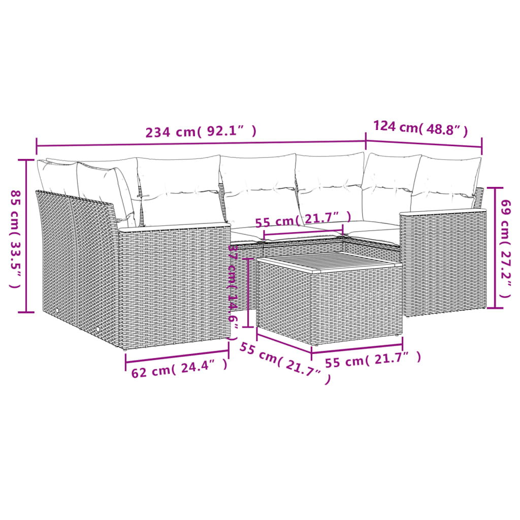 Salon de jardin avec coussins 7 pcs gris résine tressée