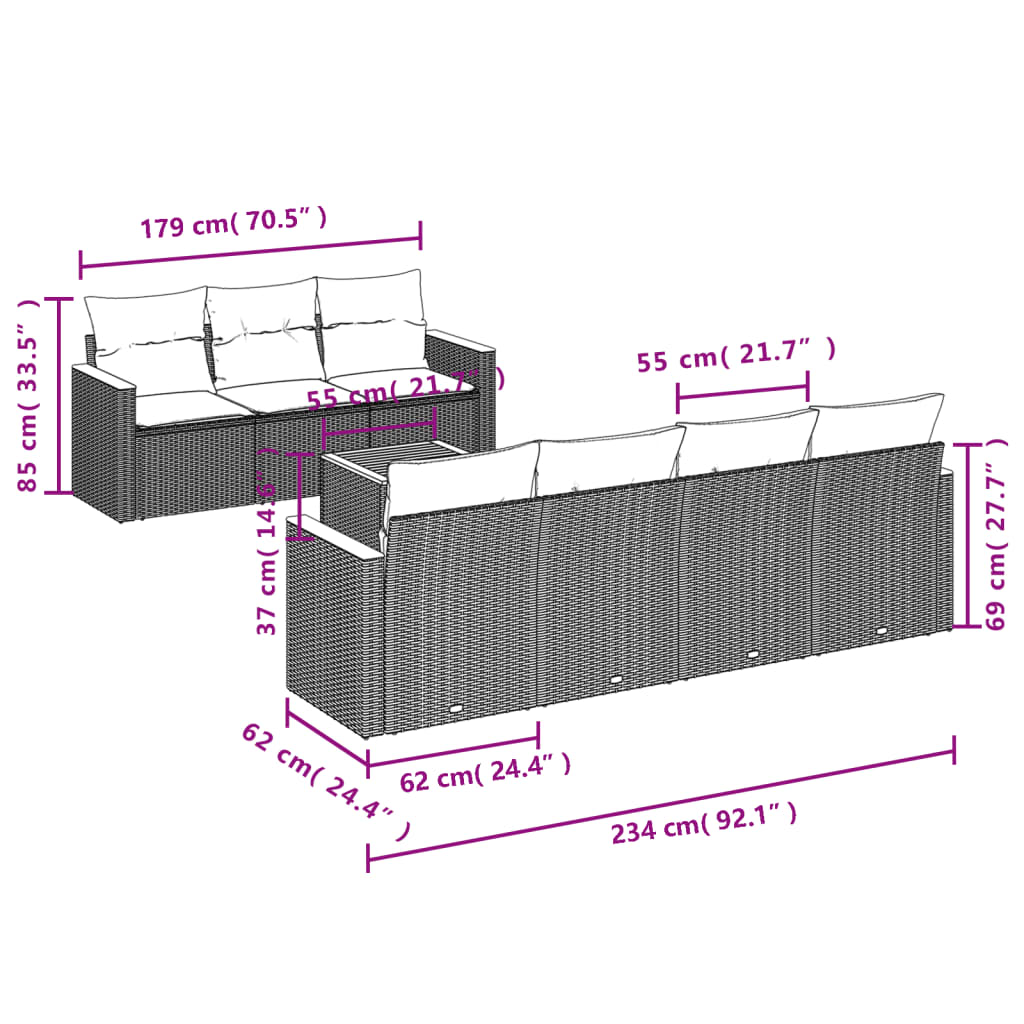 Salon de jardin 8 pcs avec coussins gris résine tressée