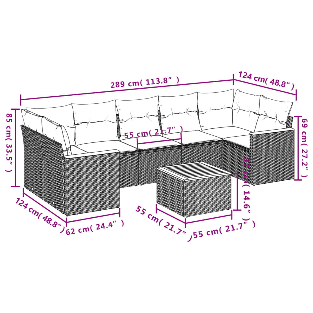 Ensemble de canapé de jardin 8 pcs avec coussins noir résine tressée