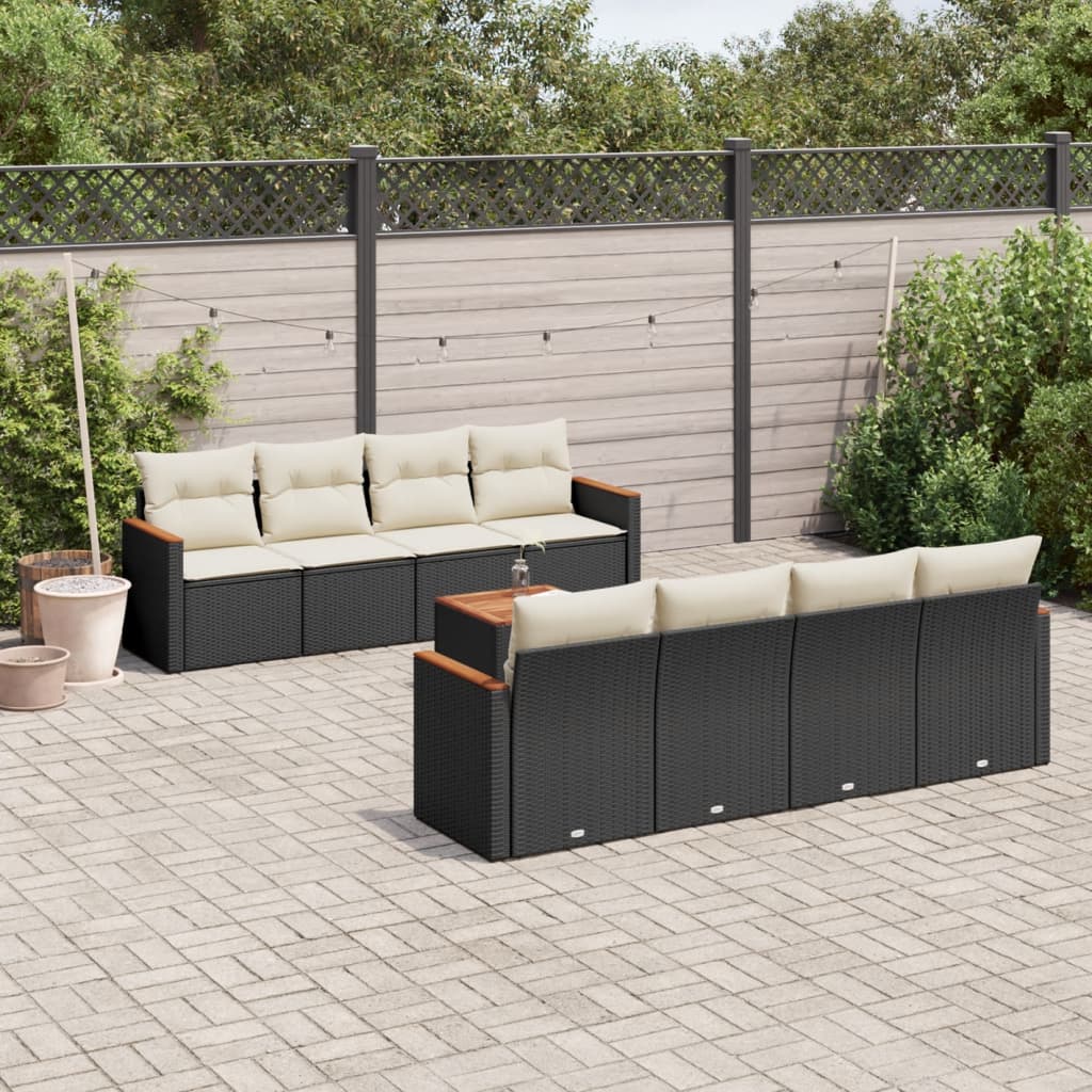 Salon de jardin 9 pcs avec coussins noir résine tressée