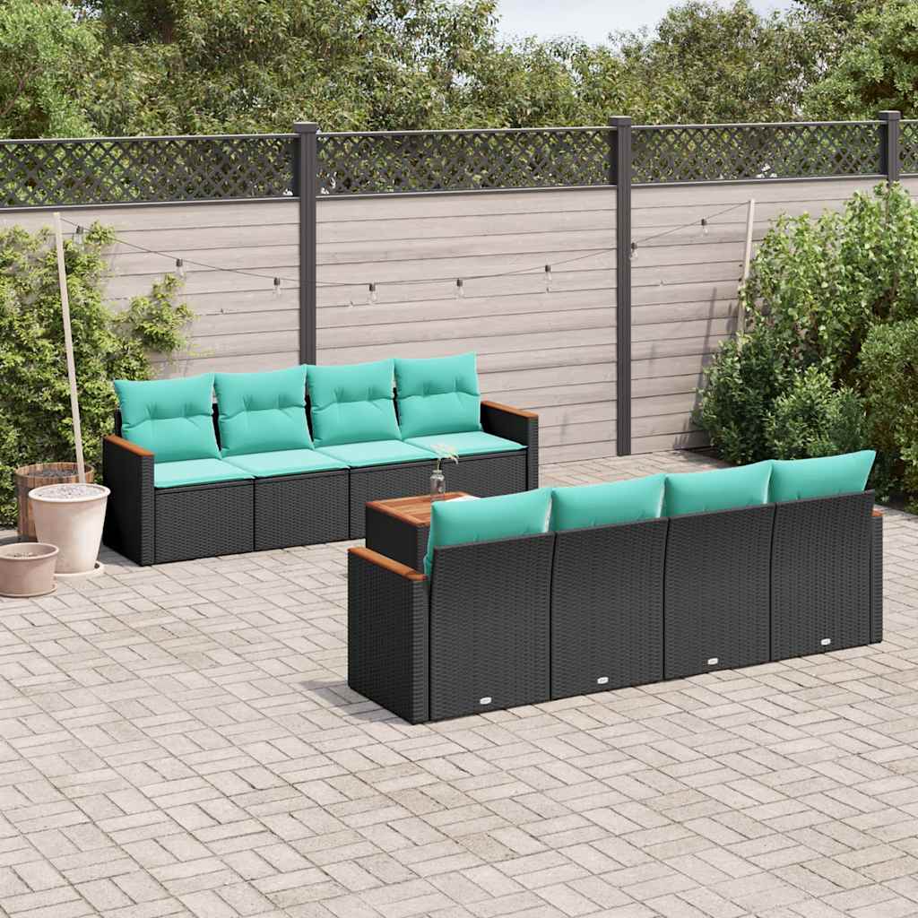 Ensemble de canapé de jardin 9 pcs avec coussins noir résine tressée