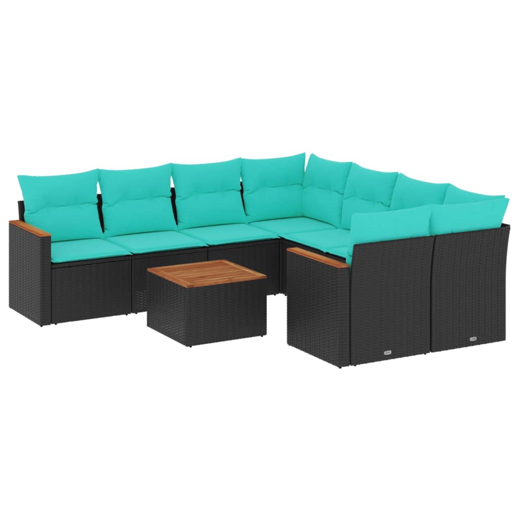 Ensemble de canapé de jardin 9 pcs avec coussins noir résine tressée
