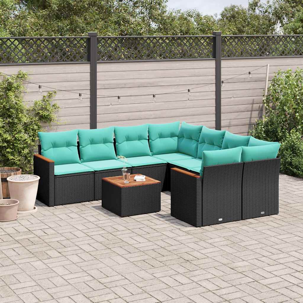 Ensemble de canapé de jardin 9 pcs avec coussins noir résine tressée