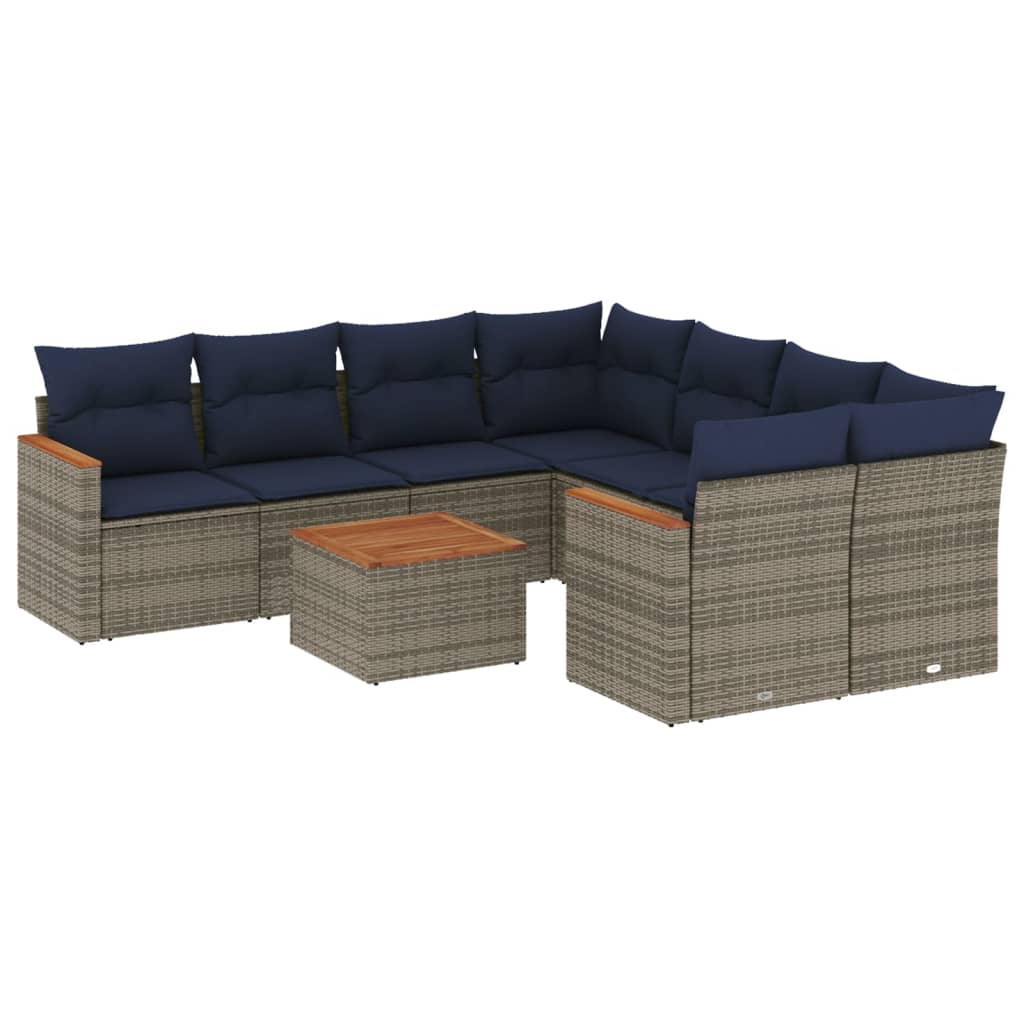 Ensemble de canapé de jardin 9 pcs avec coussins gris résine tressée