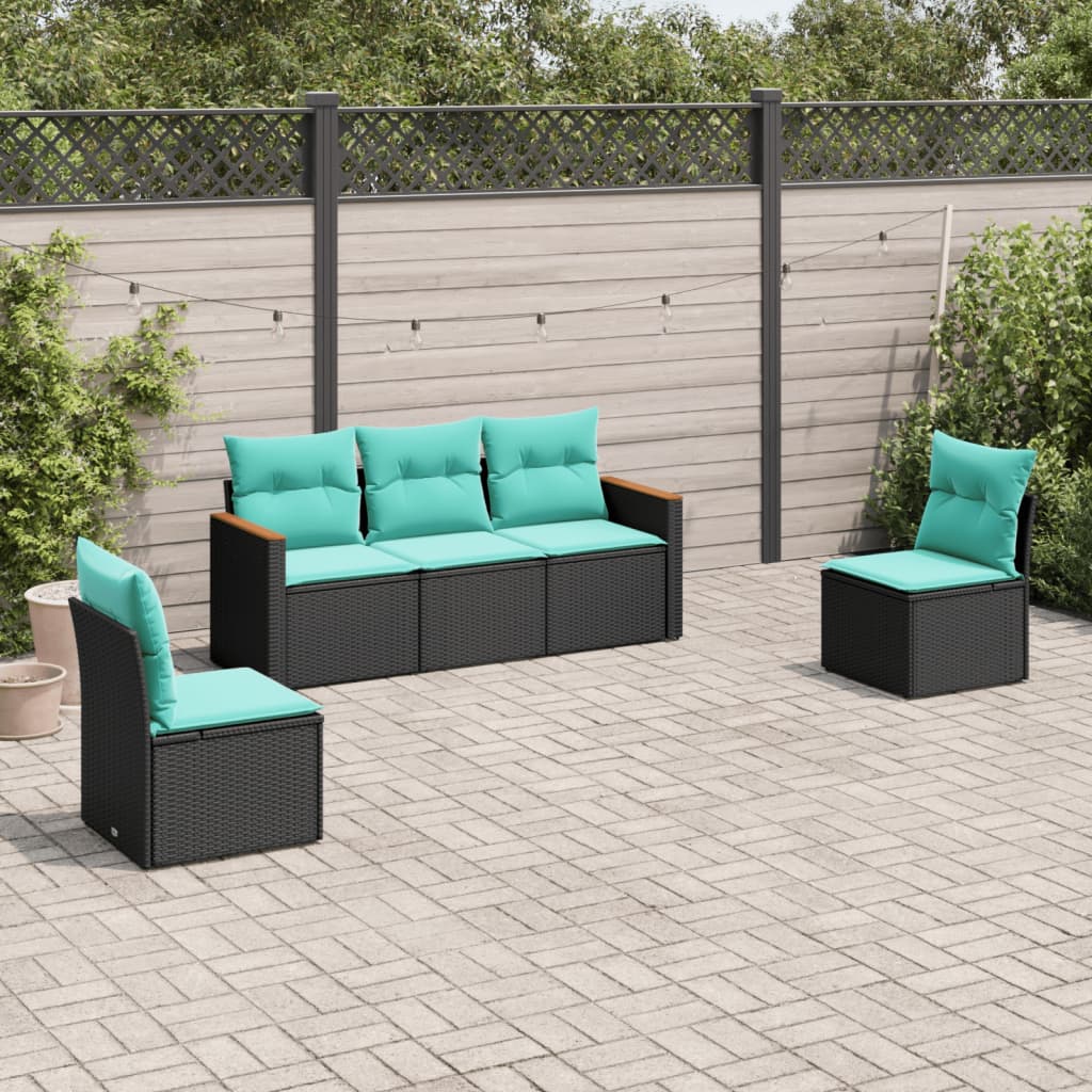 Salon de jardin 5 pcs avec coussins noir résine tressée