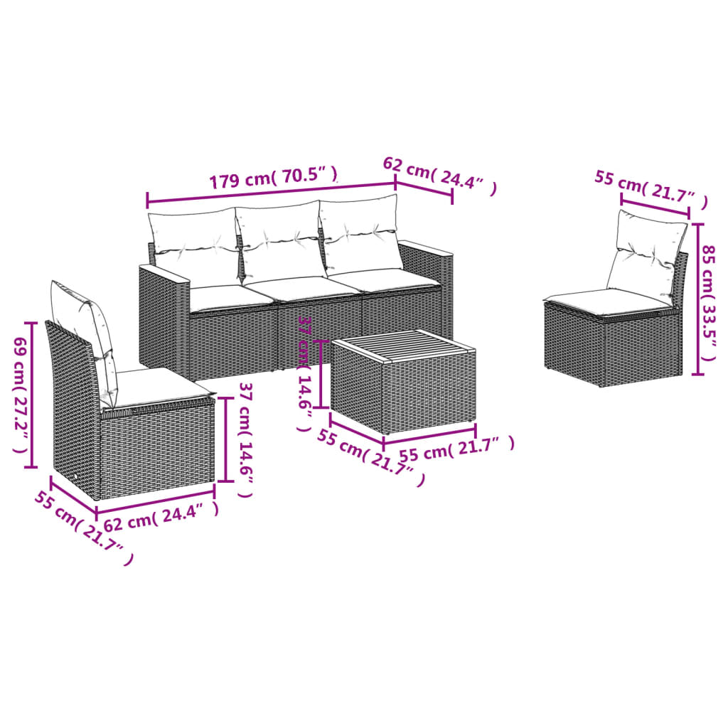 Ensemble de canapé de jardin 6 pcs avec coussins gris résine tressée