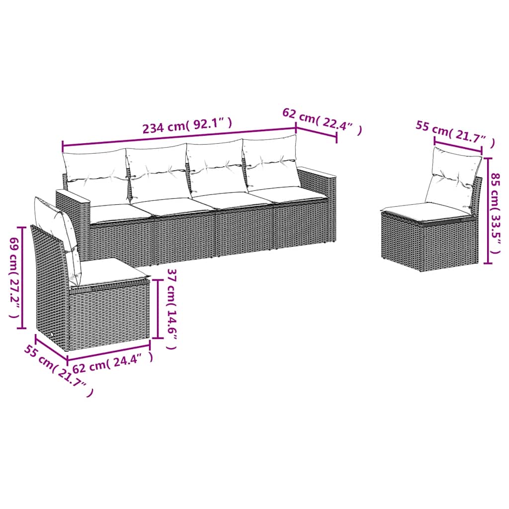 Salon de jardin 6 pcs avec coussins noir résine tressée