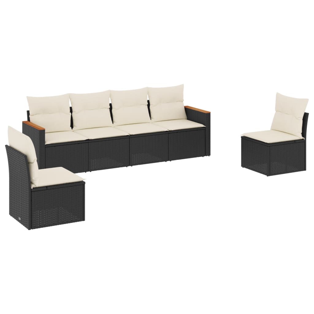 Salon de jardin 6 pcs avec coussins noir résine tressée