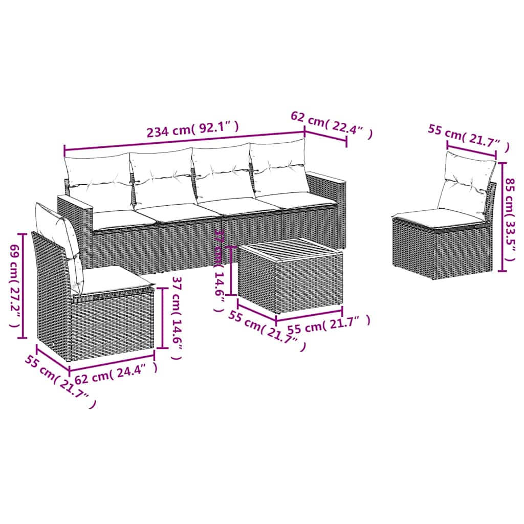Salon de jardin 7 pcs avec coussins noir résine tressée