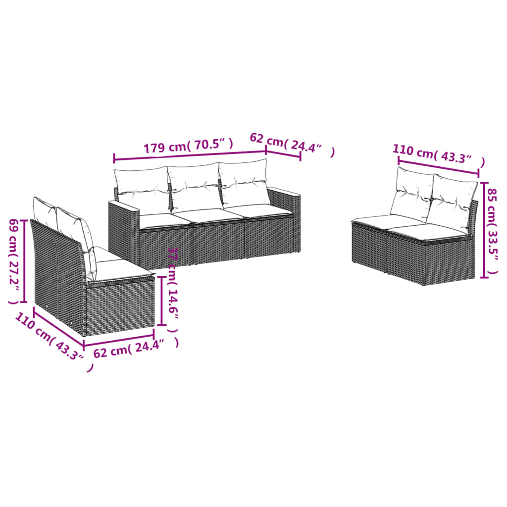 Salon de jardin 7 pcs avec coussins noir résine tressée