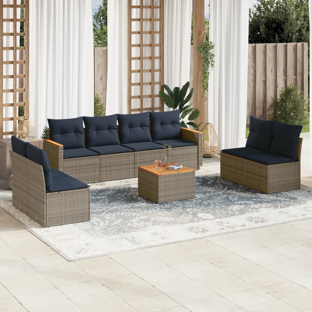 Ensemble de canapé de jardin 9 pcs avec coussins gris résine tressée