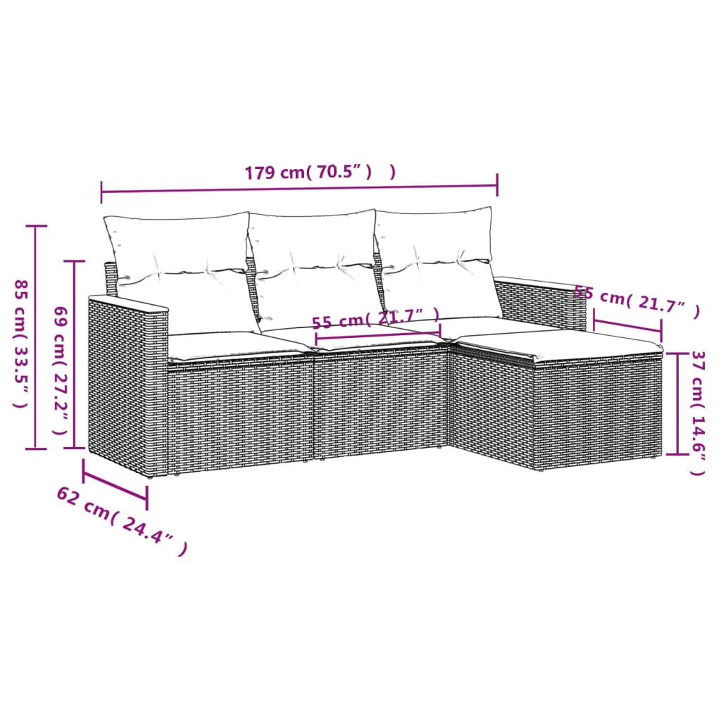 Ensemble de canapé de jardin 4 pcs avec coussins gris résine tressée
