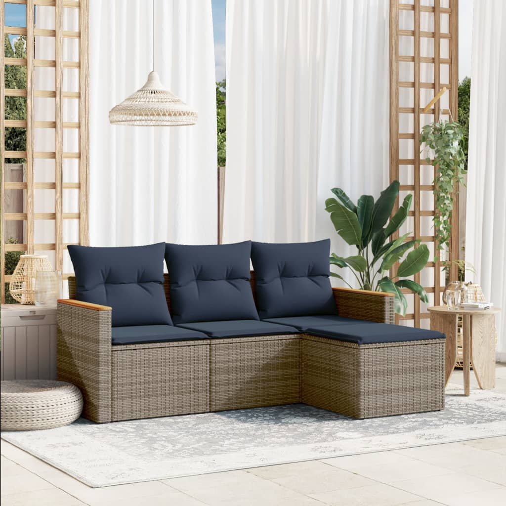 Ensemble de canapé de jardin 4 pcs avec coussins gris résine tressée