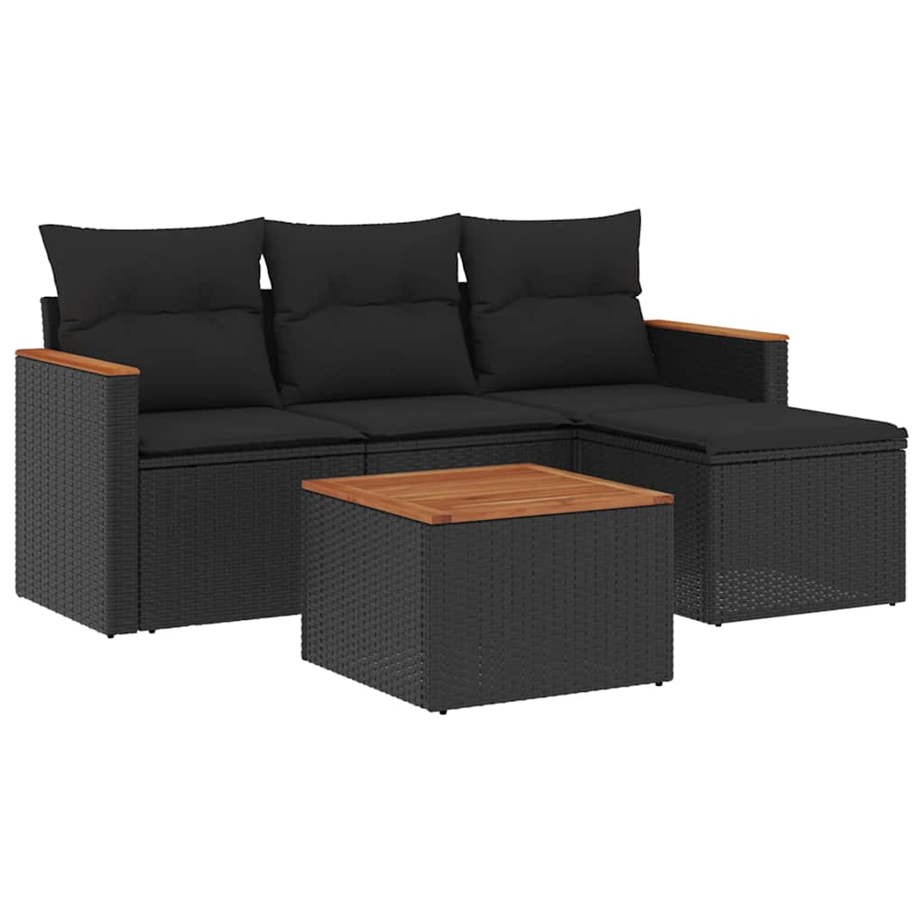 Salon de jardin 5 pcs avec coussins noir résine tressée