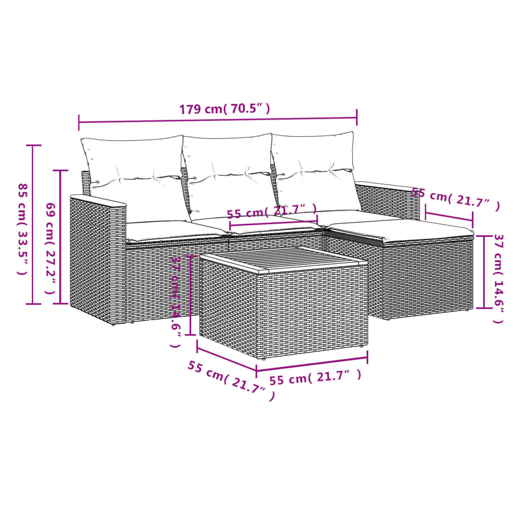 Salon de jardin 5 pcs avec coussins gris résine tressée