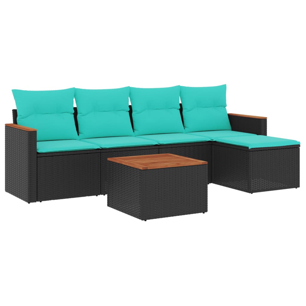 Ensemble de canapé de jardin 6 pcs avec coussins noir résine tressée