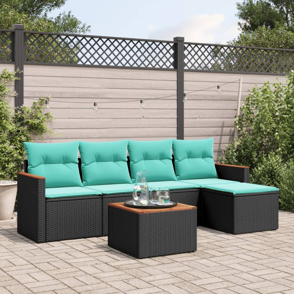 Ensemble de canapé de jardin 6 pcs avec coussins noir résine tressée
