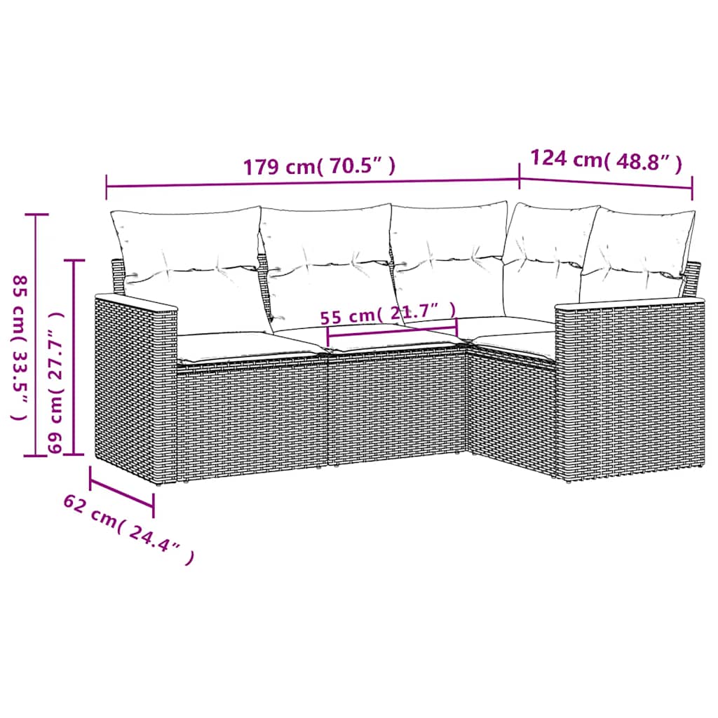 Salon de jardin 4 pcs avec coussins noir résine tressée