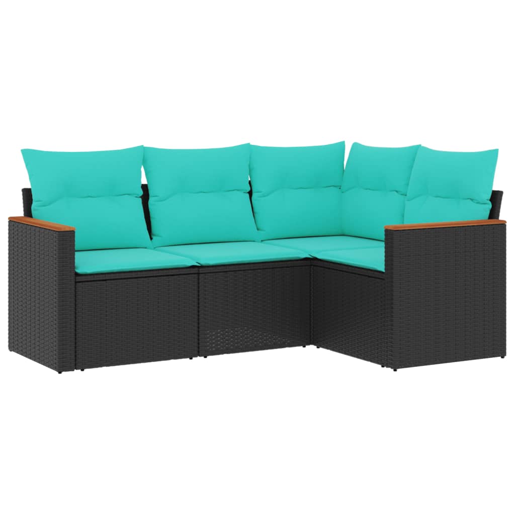 Salon de jardin 4 pcs avec coussins noir résine tressée