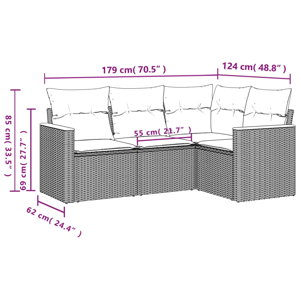 Salon de jardin 4 pcs avec coussins noir résine tressée