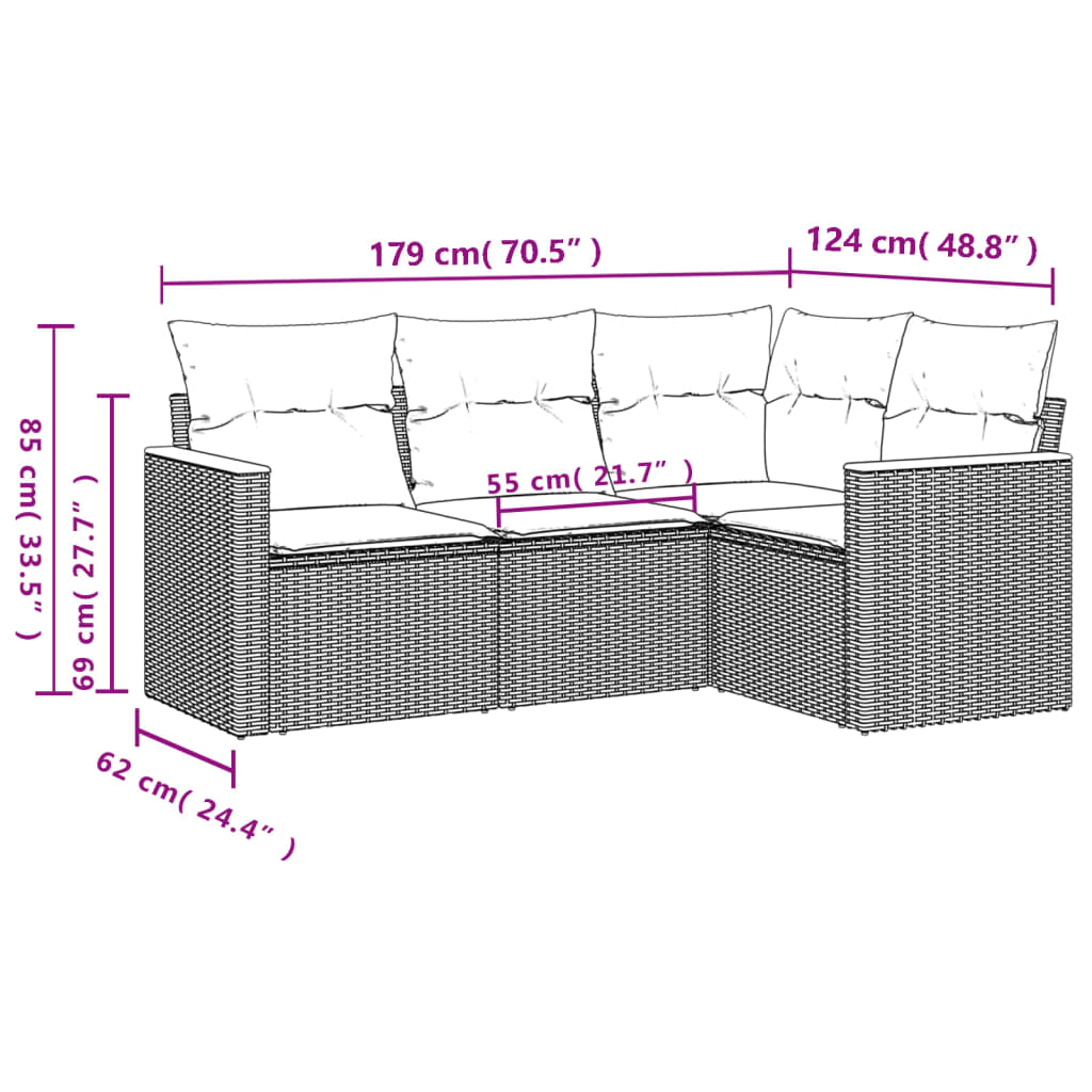 Ensemble de canapé de jardin 4 pcs avec coussins gris résine tressée