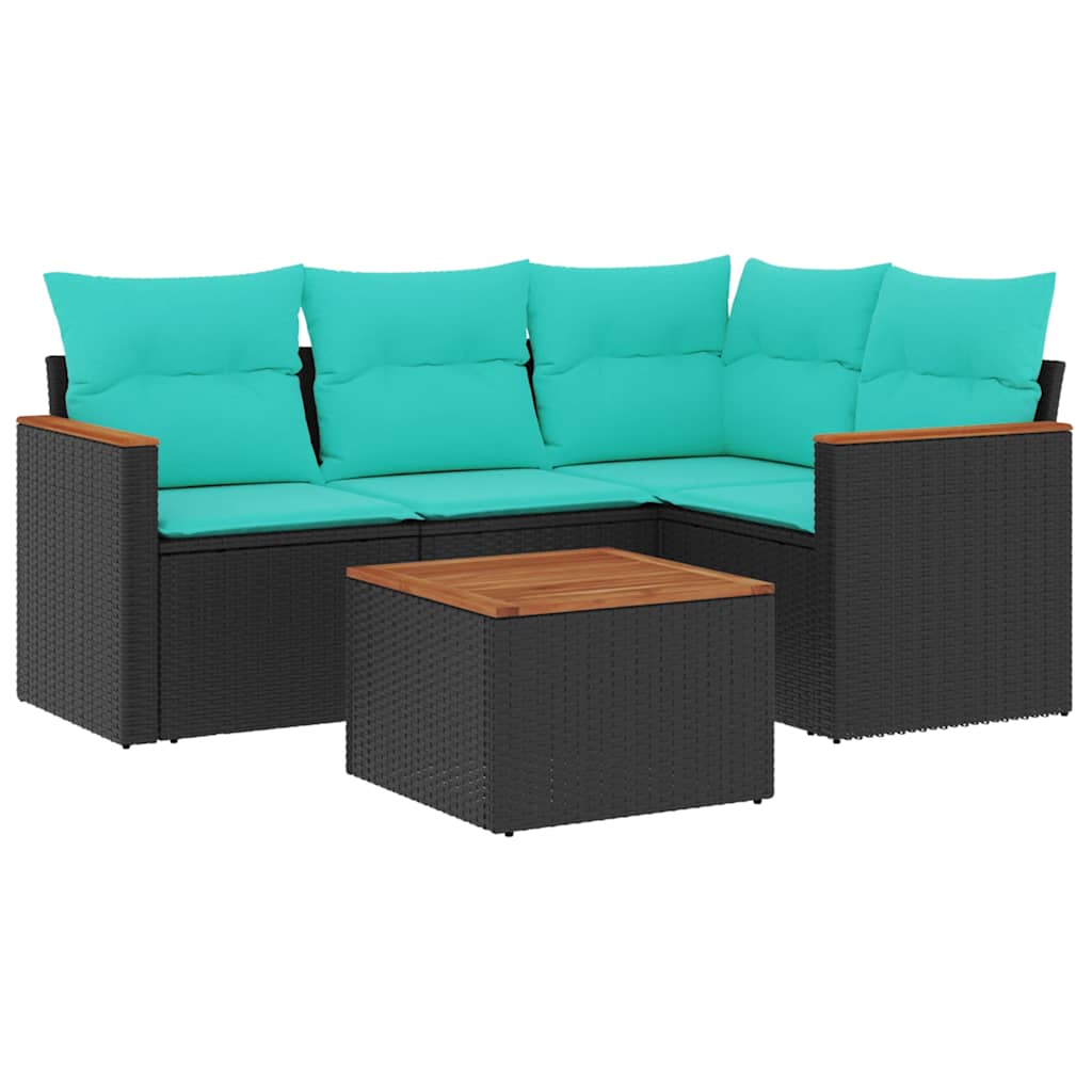 Ensemble de canapé de jardin 5 pcs avec coussins noir résine tressée