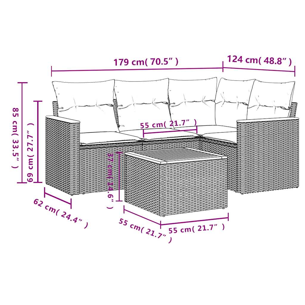 Ensemble de canapé de jardin 5 pcs avec coussins noir résine tressée