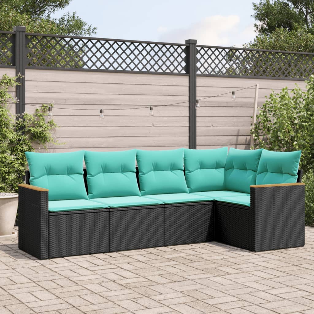 Salon de jardin 5 pcs avec coussins noir résine tressée
