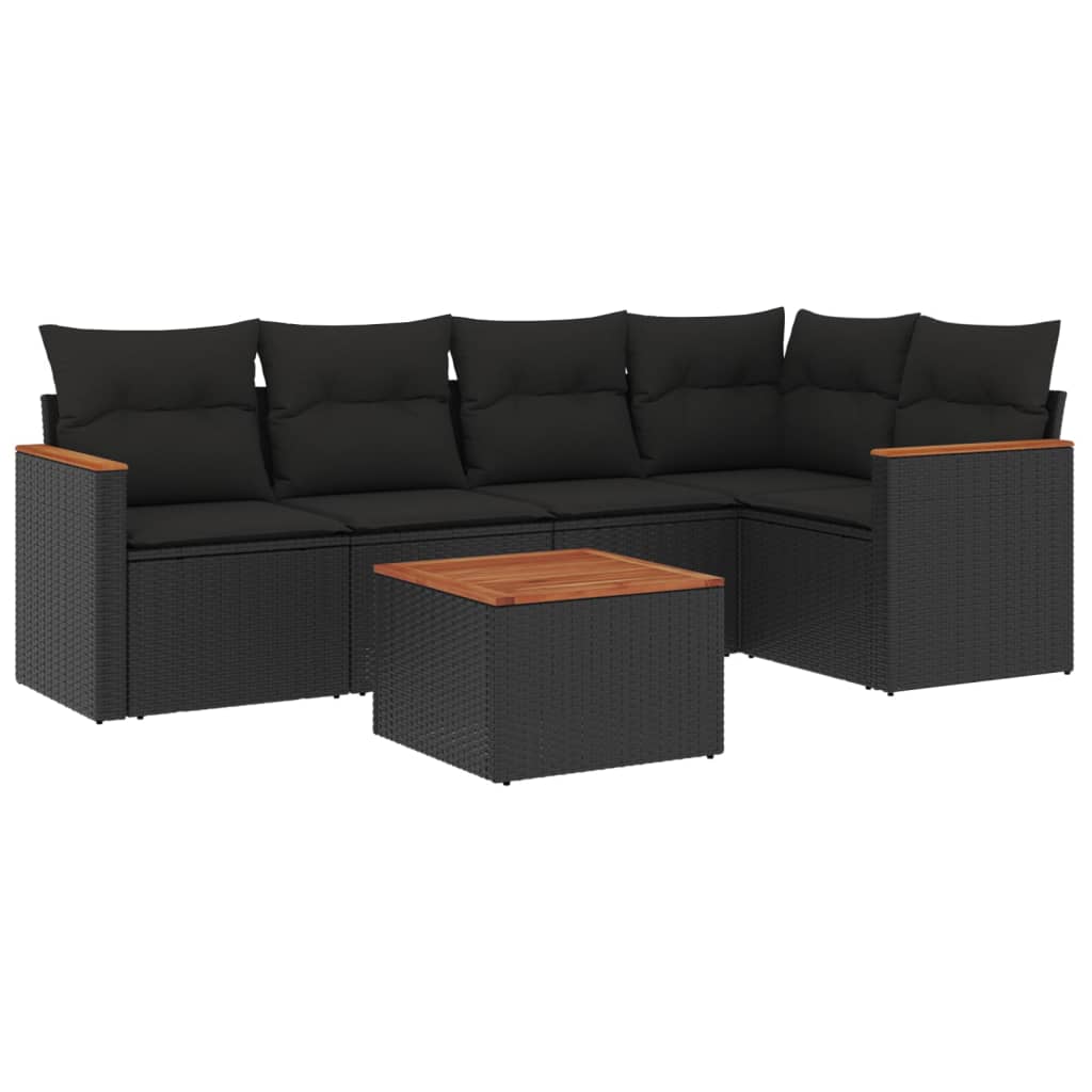 Salon de jardin 6 pcs avec coussins noir résine tressée