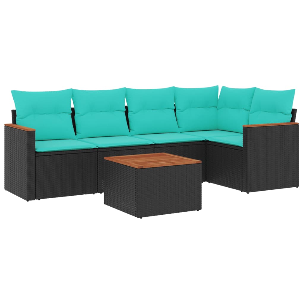 Ensemble de canapé de jardin 6 pcs avec coussins noir résine tressée