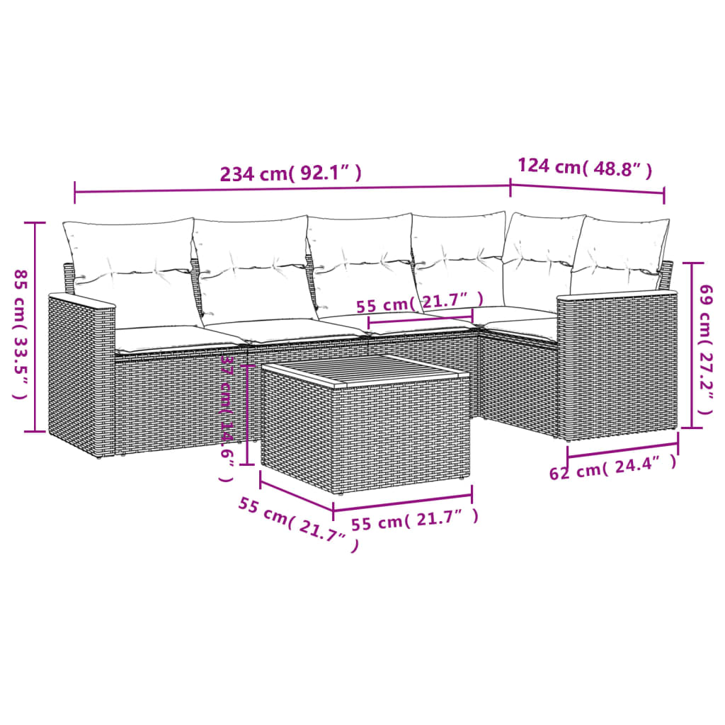 Ensemble de canapé de jardin 6 pcs avec coussins noir résine tressée