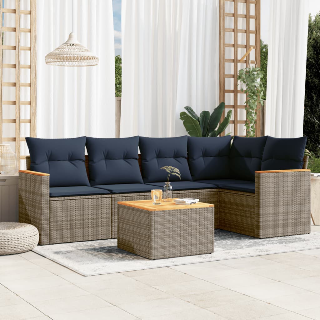Ensemble de canapé de jardin 6 pcs avec coussins gris résine tressée